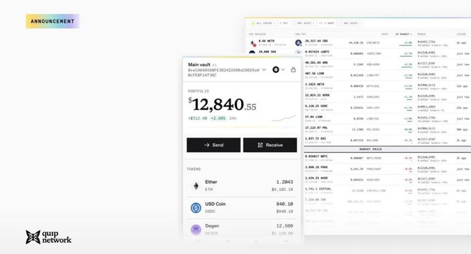 A Quai Network cryptocurrency portfolio interface shows a main-wallet balance of “12,840.55” and lists assets including Ether, USD Coin, and Degen, with an announcement label at the top.