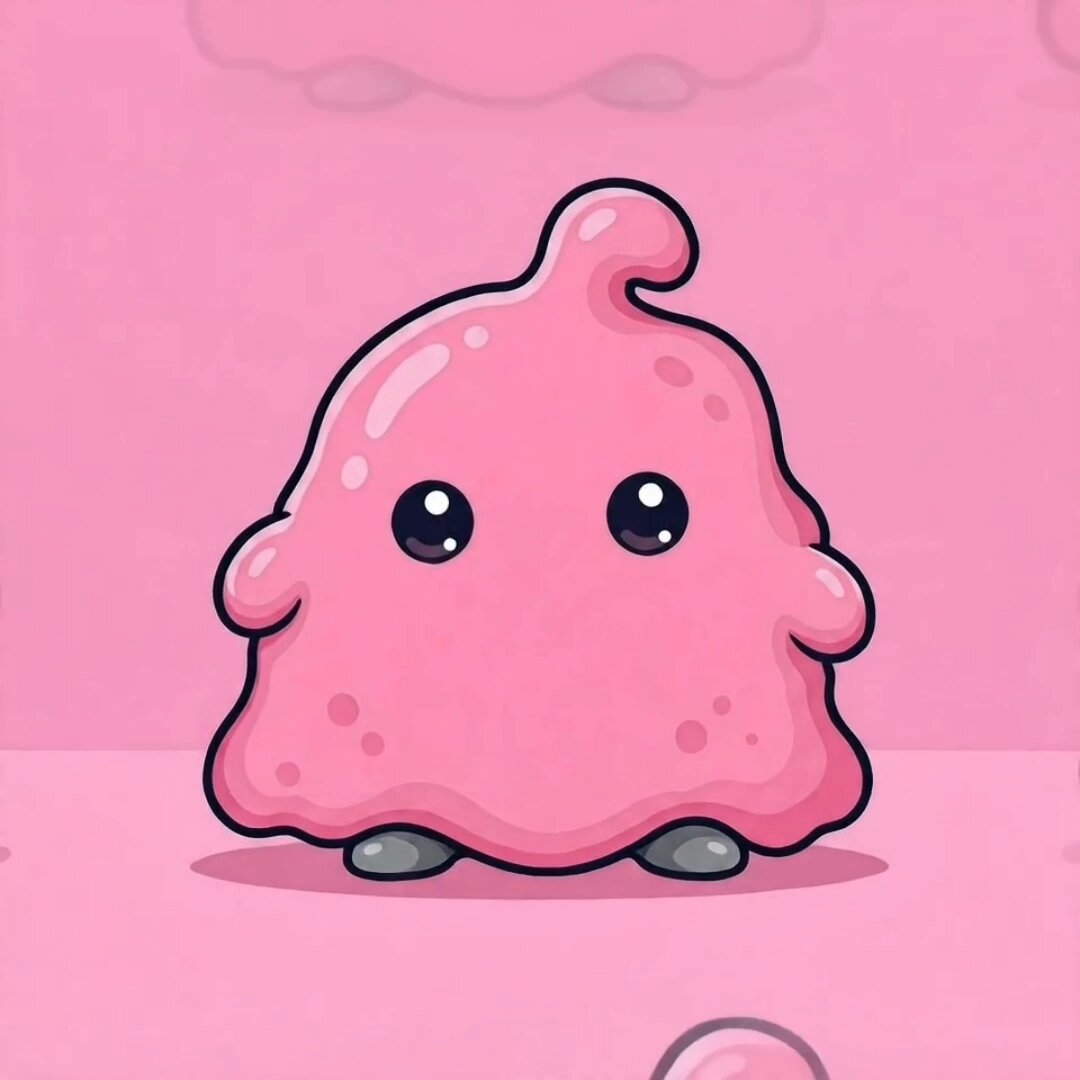 The image features a pink blob monster with big eyes, giving it a cute appearance. The monster is standing upright against a pink background, which contrasts nicely with its color. There are no other objects or text present in the image, making it a simple and visually appealing scene.