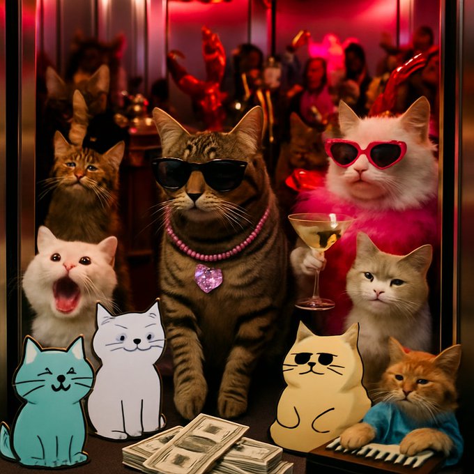 A group of stylish cats sporting sunglasses, pearls, and feather boas party in a red-lit club, with cartoon cat cutouts and stacks of cash at their paws, while humans dance in the background—capturing the vibe of a bouncer barring anyone but the VIP, @vladtenev.