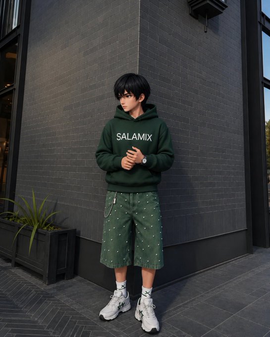 A 3D rendered character, a young man with black hair, stands against a dark brick wall wearing a dark green hoodie reading 'SALAMIX', matching green studded shorts, and white sneakers.
