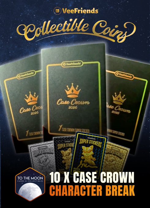 Promotional graphic for VeeFriends Collectible Coins featuring 10 x Case Crown 2026 Character Break with 'To The Moon' Real Assets branding.