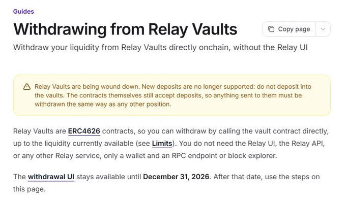 A guide titled 'Withdrawing from Relay Vaults' with a warning that Relay Vaults are being wound down and instructions for withdrawing ERC4626 contract liquidity onchain.