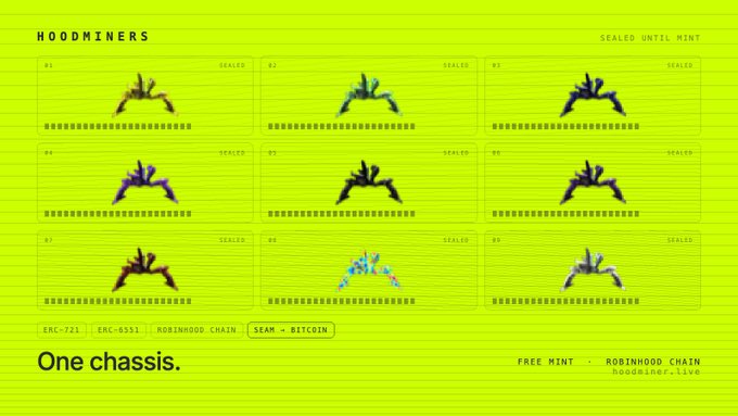 A bright yellow promotional graphic for 'HOODMINERS' NFT collection, displaying a 3x3 grid of pixelated hand gestures with 'SEALED' labels, along with the tagline 'One chassis.' and metadata including 'SEAM - BITCOIN', 'ERC-721', 'ERC-6551', and 'ROBINHOOD CHAIN'.