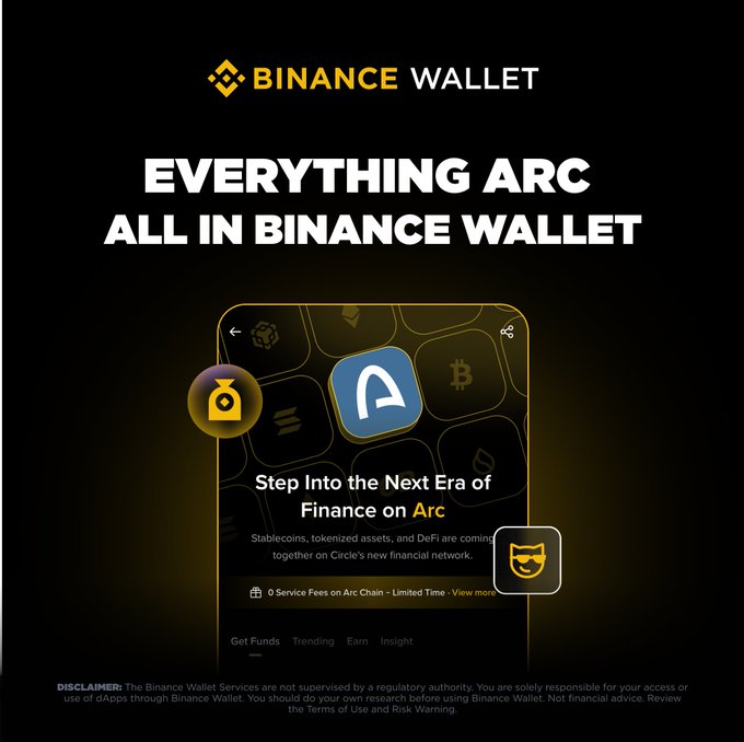 A Binance Wallet promotional banner featuring the headline "EVERYTHING ARC ALL IN BINANCE WALLET" alongside a screenshot of the app interface highlighting "Step Into the Next Era of Finance on Arc" and "0 Service Fees on Arc Chain - Limited Time." The image visually reinforces the post's announcement about trading Arc tokens with zero service fees and discovering trending tokens, RWAs, and memes within the Binance Wallet app.