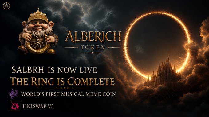 A promotional banner for 'ALBERICH TOKEN' ($ALBRH) featuring a dwarf character holding a golden ring, announcing it as the world's first musical meme coin on Uniswap V3.
