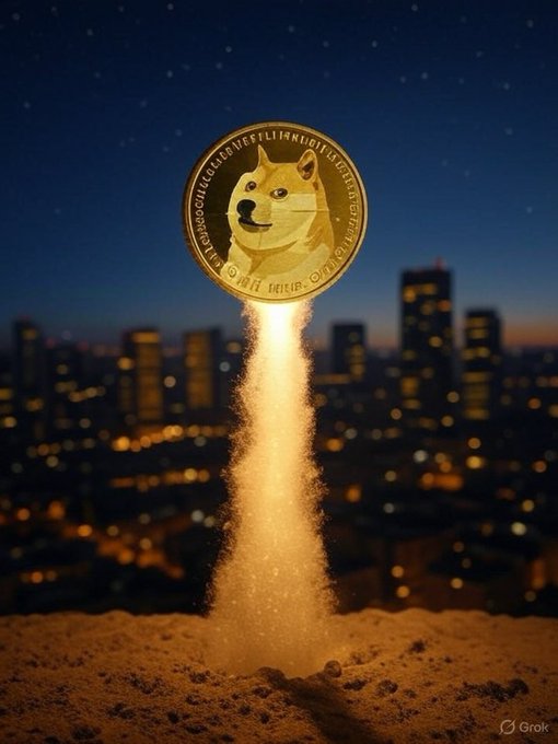 A Dogecoin (DOGE) coin appears to be launching like a rocket into a night sky over a city skyline, with a glowing trail of dust below it.