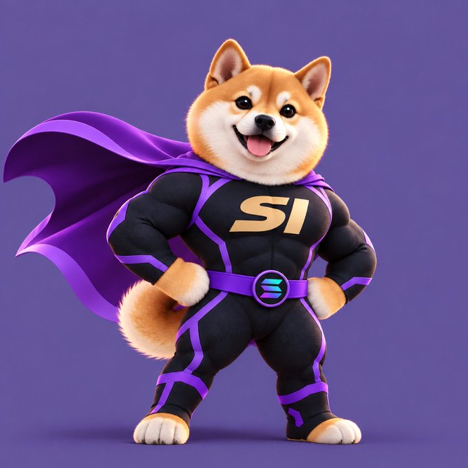 A 3D rendered illustration of a Shiba Inu dog dressed as a superhero with a purple cape and black/purple suit featuring the Solana (SOL) logo on the chest.