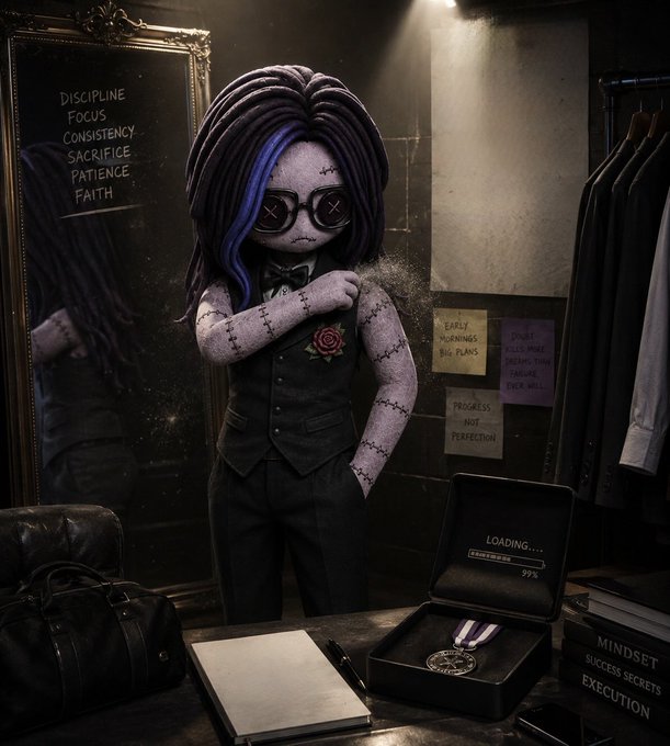 A dark, gothic-style artwork of a stitched doll character with purple hair, glasses, and a vest, in a dressing room setting with motivational text on the mirror including 'DISCIPLINE, FOCUS, CONSISTENCY, SACRIFICE, PATIENCE, FAITH'.