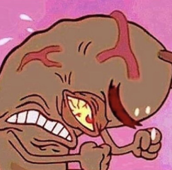 A cartoon-style illustration showing an enraged, screaming character with clenched fists and red veins on a pink background.