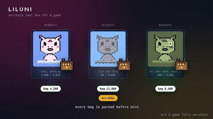 A screenshot of LILUNI, an on-chain loot box NFT game, displaying three pixel-art cat characters with stats like 'lost, walking 2,600/4,440', 'lost too long 50/4,440', and 'he came back, mostly 100/4,440', priced at 4,200, 12,000 (with an 'src=6551' tag), and 8,400 bags respectively.