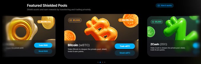 Screenshot of a cryptocurrency interface showing 'Featured Shielded Pools' for Zcash (ZEC), Bitcoin (wBTC), and ZCash (ZEC) with trading options.