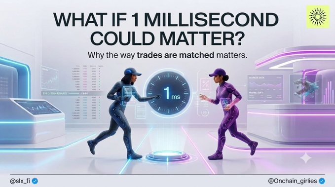 A futuristic digital scene shows two figures—one in blue, one in purple—racing toward a glowing timer reading "1 ms," illustrating how even a millisecond can determine a trader's edge. The text "WHAT IF 1 MILLISECOND COULD MATTER? Why the way trades are matched matters" is displayed prominently, with handles "@slx_fi" and "@Onchain_girlies" at the bottom.