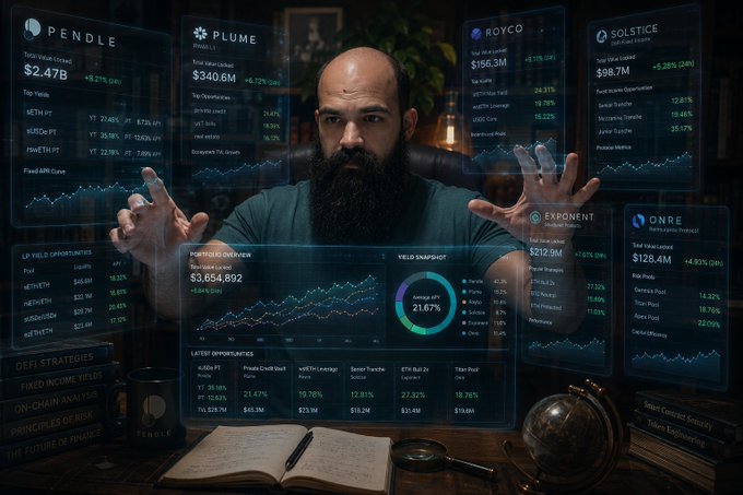 A stylized image of a bearded man surrounded by holographic financial dashboards displaying DeFi protocols (PENDLE $2.47B, PLUME $340.6M, ROYCO $156.3M, SOLSTICE $98.7M, EXPONENT $212.9M, ONRE $126.4M) with charts showing a 21.67% yield.