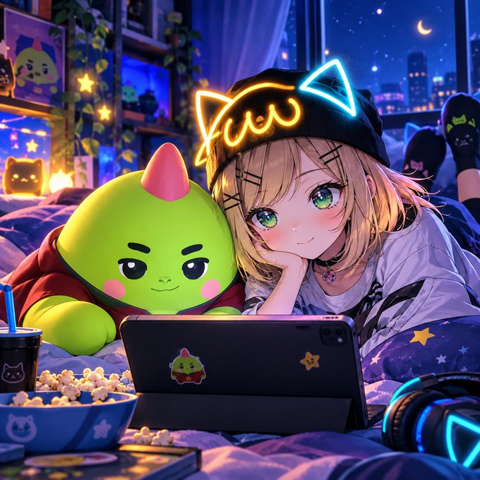 An anime-style illustration of a girl with blonde hair wearing a neon cat-ear headband, lying next to a green cartoon dinosaur plush while watching a tablet, with popcorn and a starry night cityscape in the background.