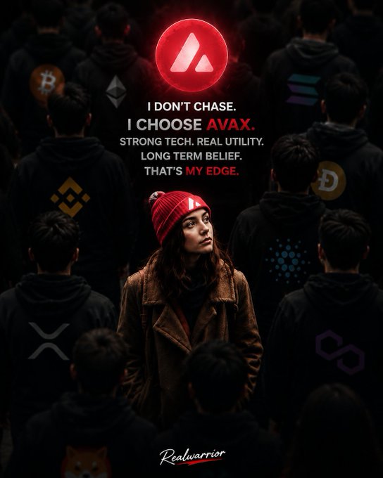 An AVAX (Avalanche) crypto promotional graphic showing a young woman in a red beanie standing among a crowd of hooded figures, with text reading 'I DON'T CHASE. I CHOOSE AVAX. STRONG TECH. REAL UTILITY. LONG TERM BELIEF. THAT'S MY EDGE.'