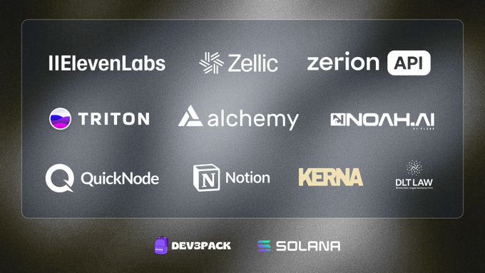 A dark graphic displaying logos of various tech companies including ElevenLabs, Zellig, Zerion API, Triton, Alchemy, Noah.AI, QuickNode, Notion, Kerna, DLT Law, Dev3pack, and Solana.