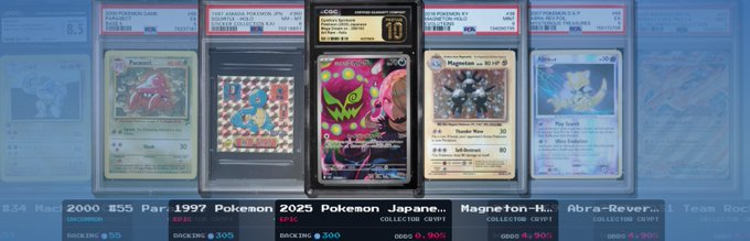 The image showcases a collection of Pokemon cards displayed with collector pricing details, featuring notable cards like "Magneton Holo," "Parasect," and "Abra Reverse," graded with scores like 8.5 and 10. The visual aligns with the post's theme of highlighting only premium ("killer") NFT assets, drawing a parallel between the quality-focused curation of high-grade Pokemon cards and the "ALL KILLER NO FILLER" philosophy applied to Solana-based digital asset collections.