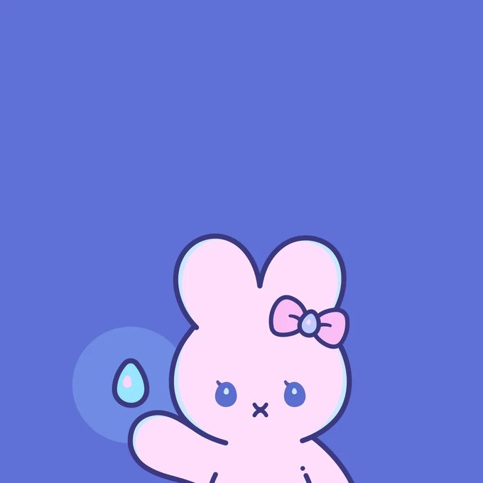 A cute cartoon illustration shows a light pink bunny character with a bow and a blue pacifier set against a solid blue background.