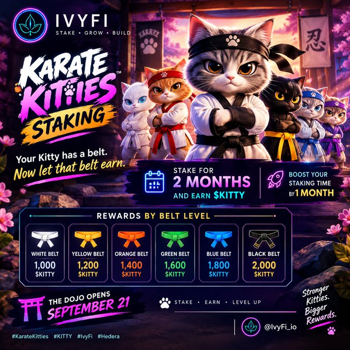 An IvyFi promotional poster for 'Karate Kitties Staking' features animated cats in karate gear, launching September 21, with tiered rewards by belt level ranging from 1,000 to 2,000 $KITTY tokens.
