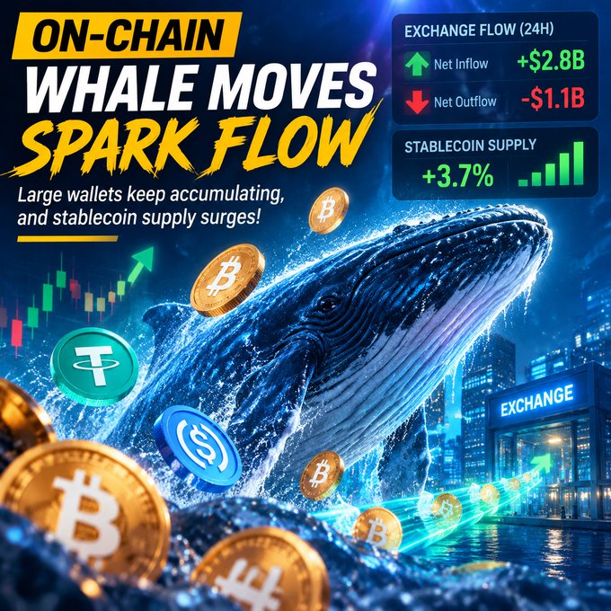 A crypto market graphic titled "ON-CHAIN WHALE MOVES SPARK FLOW" showing a Bitcoin whale, exchange flow data (+$2.8B inflow, -$1.1B outflow), and stablecoin supply up 3.7%.