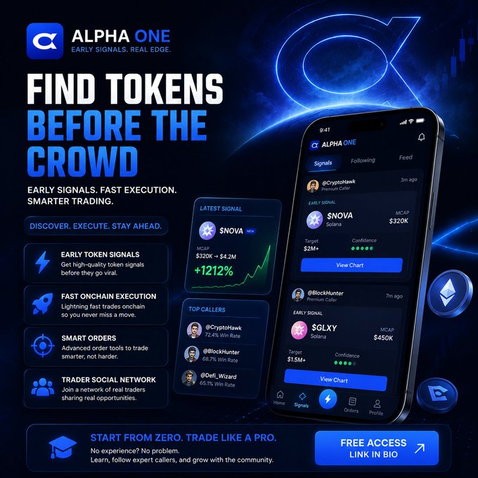 The image features a smartphone with an animated graphic displaying the Alpha One app. The main focus of the image is the phone, which appears to be turned off or not actively used at this moment. On the left side of the image, there's text that reads "Find Tokens before the crowd", and on the right side, there are symbols related to trading and investing in cryptocurrency. At the bottom of the image, there are instructions for how to use the app and access various features within it.