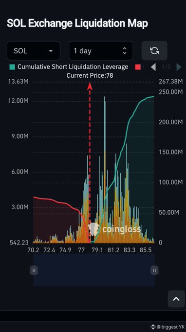 A CoinGlass SOL Exchange Liquidation Map chart showing current SOL price at $78, with cumulative short liquidation leverage and significant liquidation volumes across the $70-$85.5 price range over 1 day.