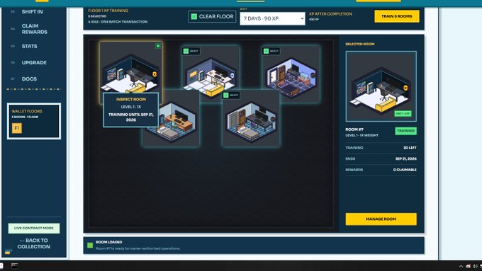 A video game UI screen titled 'WALLET FLOORS' showing isometric room options, with 'ROOM #7' selected and an inspect notification about a training unit.