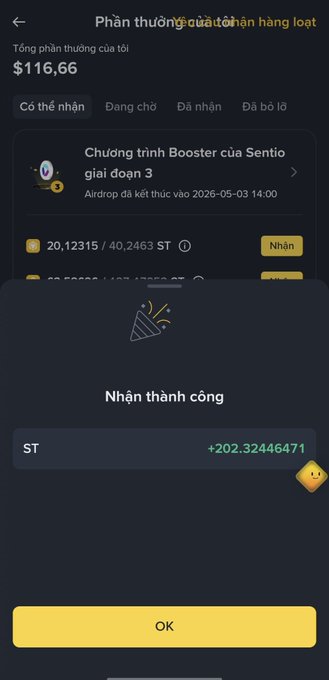 A Vietnamese mobile app screen showing a successful receipt ('Nhận thành công') of +202.32446471 ST tokens, with a total reward balance of $116.66 and a 'Sentio Booster Program Phase 3' airdrop scheduled for 2026-05-03.