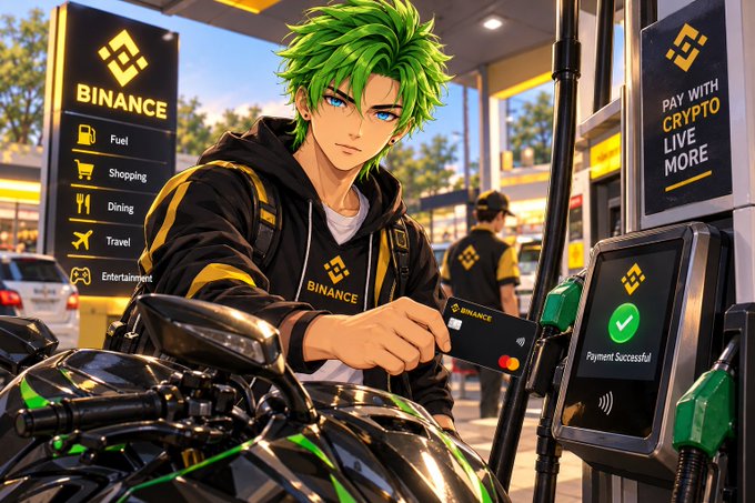 A green-haired anime character taps a payment terminal at a gas station, with Binance branding and signs reading "Fuel, Shopping, Dining, Travel, Entertainment" alongside "Pay with Crypto Live More." The screen displays "Payment Successful," visually illustrating the post's message about using the Binance Card for everyday spending on items like fuel.