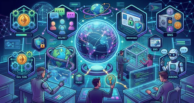 A colorful digital illustration depicting a futuristic technology scene with various screens, servers, and people working, featuring labels like 'BELNET', 'BROWSER', 'BNS', 'Dev SDK', and 'AIBONS'.