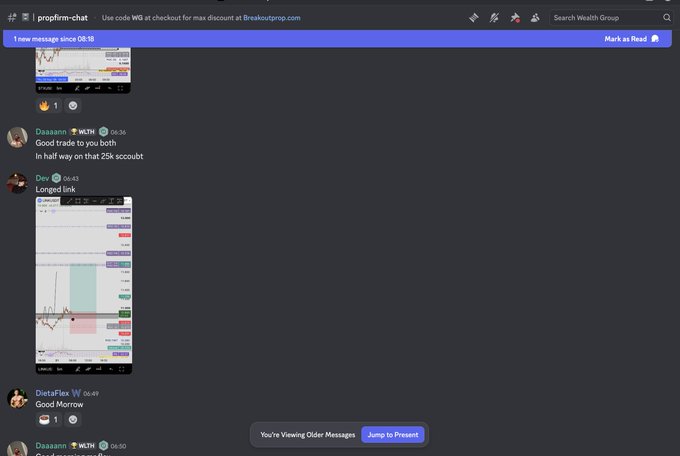 A Discord channel "#propfirm-chat" shows members discussing trades, including Daaann posting "Good trade to you both. In half way on that 25k scoutbt" and Dev sharing a "Longed link" chart screenshot at 6:43am, illustrating the early morning long trade entry mentioned in the post.