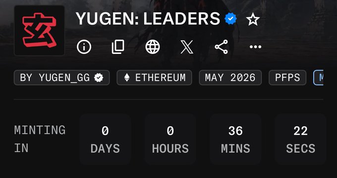 The image shows a screenshot of an Instagram post with a table containing information about Yugen Leaders. The main elements of this post include the title "Yugen Leaders" at the top, followed by columns showing "name", "link", "time minted (days)", and "eth coins". Another column displays "ETH supply is trading @ 0.4E & art looks great, it has a great potential imo Thank you @ yugen_gg for the allo". The post is posted on Instagram and includes several symbols related to the Yugen Genesis coin collection.
