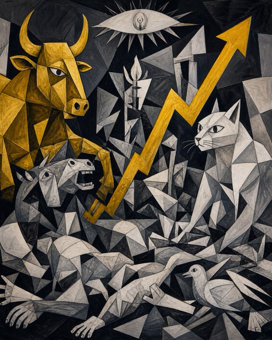 A bold, geometric monochrome painting by Picasso titled "Guernica" is overlaid with a yellow bull's head and a large ascending yellow arrow, symbolizing bullish momentum. The image cleverly merges the famous anti-war artwork with crypto hype imagery to suggest finding the next explosive 100x investment despite surrounding chaos.