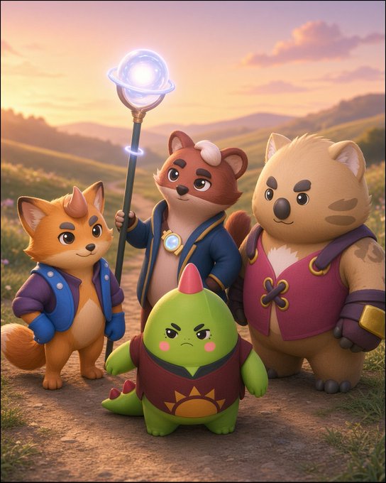 An animated illustration shows four cartoon characters—a fox in a blue vest, a tanuki in a wizard robe holding a glowing staff, a green cactus-like creature in armor, and a large bear in a maroon vest—standing together in a grassy landscape at sunset.