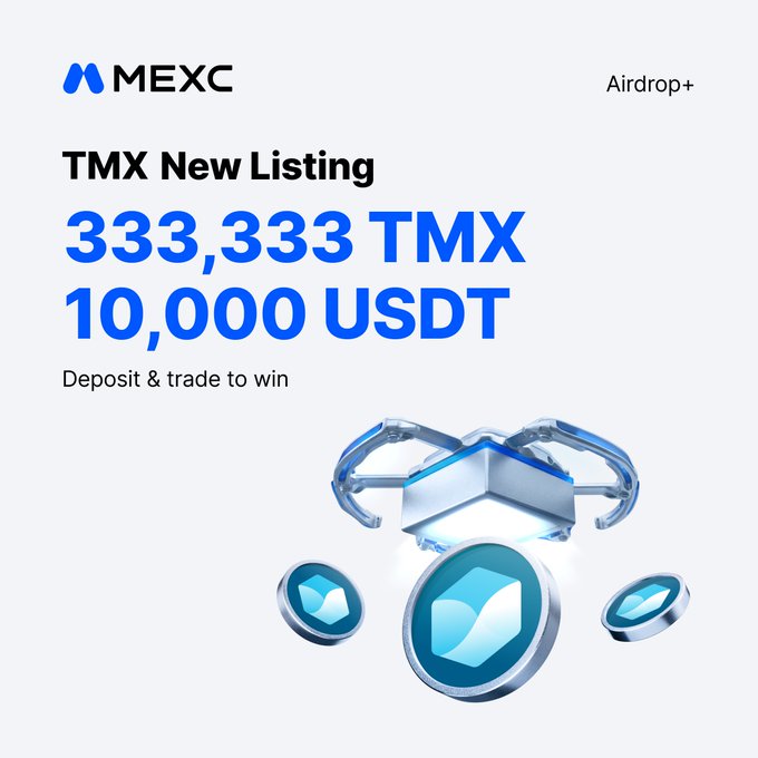 MEXC Airdrop+ promotional graphic announcing a new TMX listing, offering users a chance to share 333,333 TMX and 10,000 USDT by depositing and trading, with a metallic blue chest and coins displayed below the bold prize text.