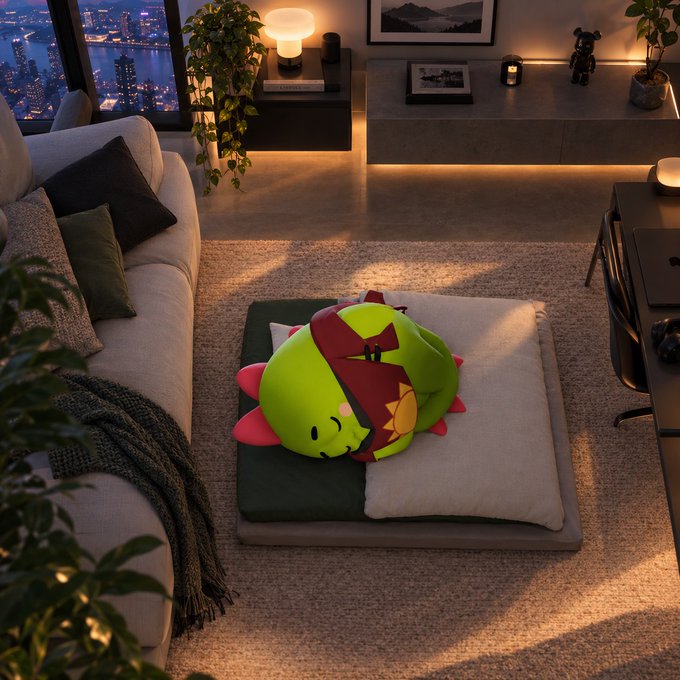 A 3D-rendered cozy modern apartment scene with a green dragon-like plush toy sleeping on a floor cushion, overlooking a city skyline at night.