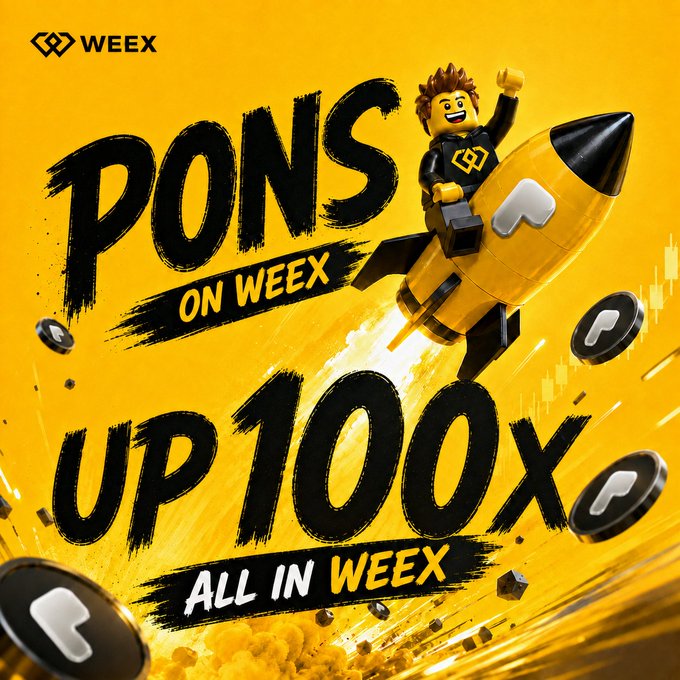 A vibrant yellow promotional graphic for WEEX features a LEGO-style character riding a rocket with the bold text "PONS ON WEEX UP 100x ALL IN WEEX," celebrating $PONS reaching a $400M+ market cap after a 100× surge since listing on the WEEX exchange.