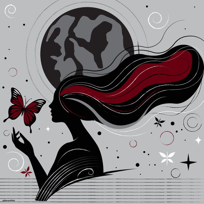 A stylized illustration of a woman's silhouette with flowing black and red hair, holding a red butterfly, set against a cosmic background with a planet, stars, and decorative patterns.