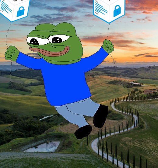 An internet meme featuring the Pepe the Frog character dressed in a blue shirt, holding strings attached to padlock boxes, appearing to float over a scenic Tuscan landscape at sunset.