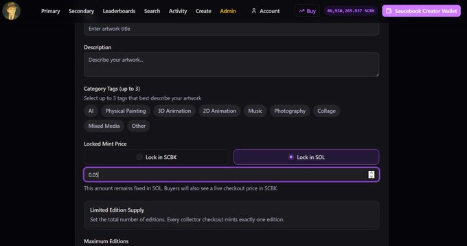 A screenshot of an admin panel for a digital art platform shows options to enter artwork title, description, tags, and lock a mint price at 0.05 in SOL or SCKB.