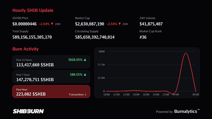 A dark-themed dashboard titled 'Hourly SHIB Update' displays SHIB cryptocurrency statistics, including a price of $0.00000446, market cap, and a 'Burn Activity' graph showing a recent spike.