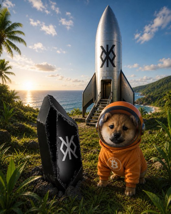 A digital illustration shows a Shiba Inu dog in an orange spacesuit and helmet standing next to a black rock with the XRP symbol, while a silver rocket ship branded with the XRP logo sits on a tropical island at sunset.
