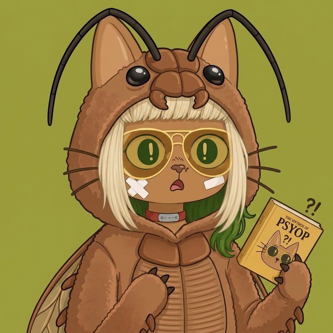 An illustration of a character with blonde and green hair wearing a brown cockroach costume, round yellow glasses, and bandages on their cheeks, holding a book titled 'THE MYTHS OF PSYOP'. A '?!' symbol floats beside the book.