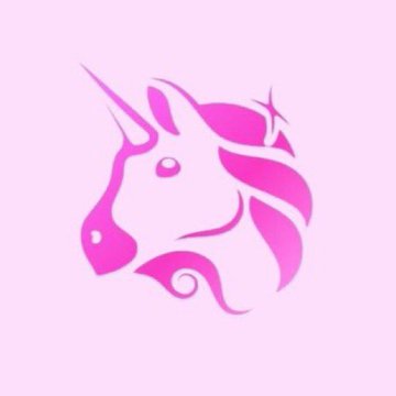 A pink and white stylized logo of a unicorn's head on a solid pink background.