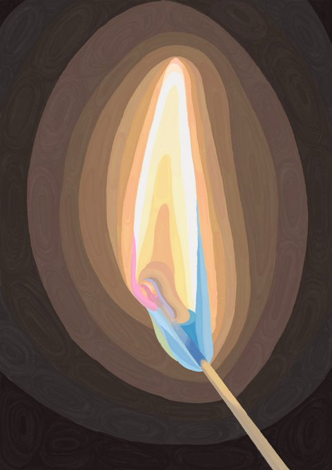 A digital artwork of a stylized match flame with colorful blue, pink, and yellow hues, set against a dark swirling oval background.