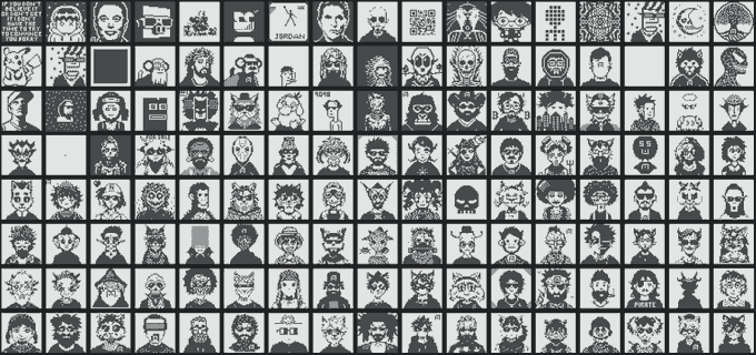 A black-and-white grid of pixelated character portraits and faces in various styles and expressions.