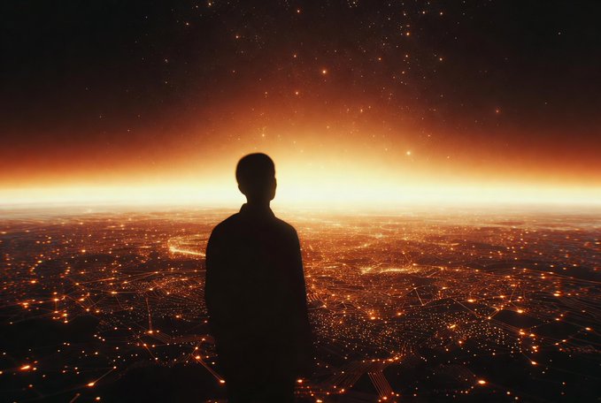 A silhouetted figure stands gazing over a sprawling, glowing cityscape beneath a starry sky illuminated by a warm horizon glow, evoking the dawn of a transformative new era. The image visually echoes the post's theme of stepping into the quantum frontier, symbolizing Quip Network's role in illuminating the future of decentralized quantum computing.