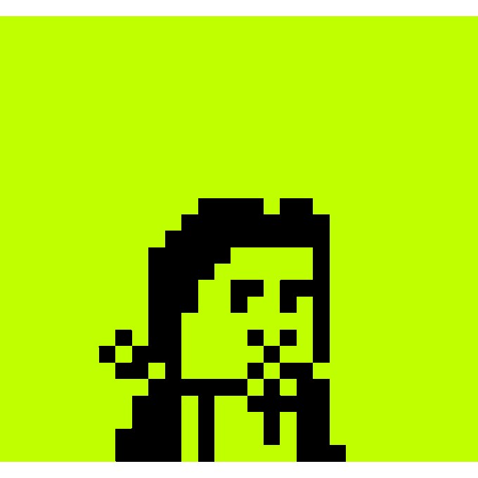 A black pixel art character with glasses holding what appears to be a small object, set against a bright green background.