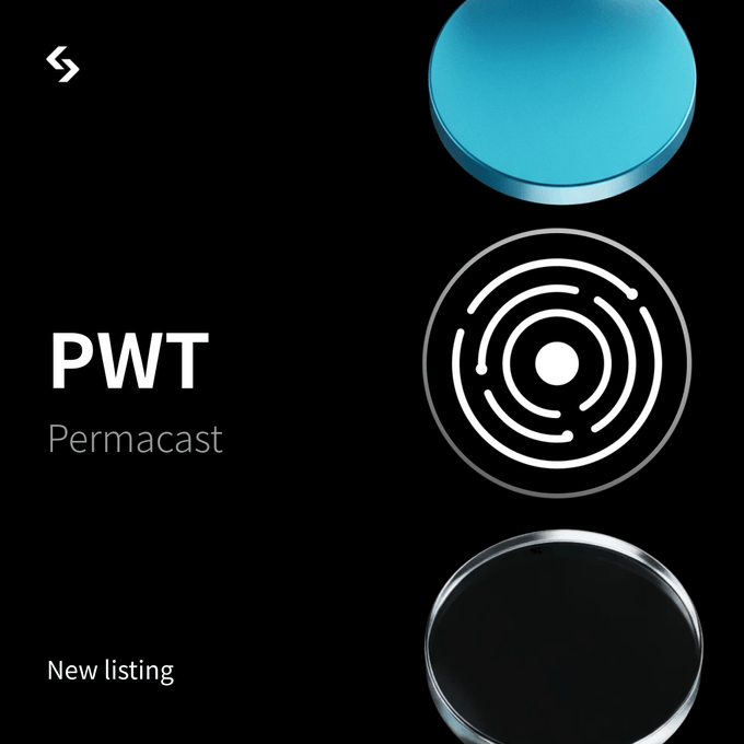 A promotional graphic for the new $PWT (Permacast) token listing, displaying the ticker "PWT" and "Permacast" name alongside stylized circular blue and black icons. The image supports an announcement for the PWT/USDT pair trading debut on Bitget starting August 24 at 13:00 UTC.