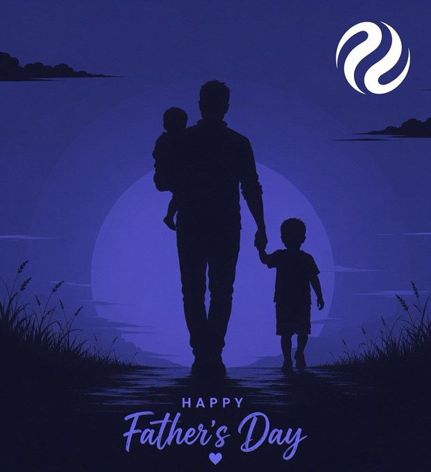 The image features a father holding his two children, with the background being a dark blue color that contrasts with the white moon visible behind them. The text "Happy Father's Day" is written below the scene, indicating the occasion for which the photo was taken.